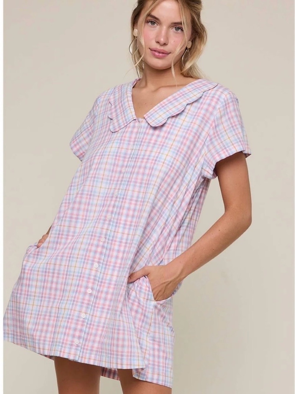 Wishlist Pastel Plaid Cotton Mini Dress in Pink, Blue and Yellow Size Medium
